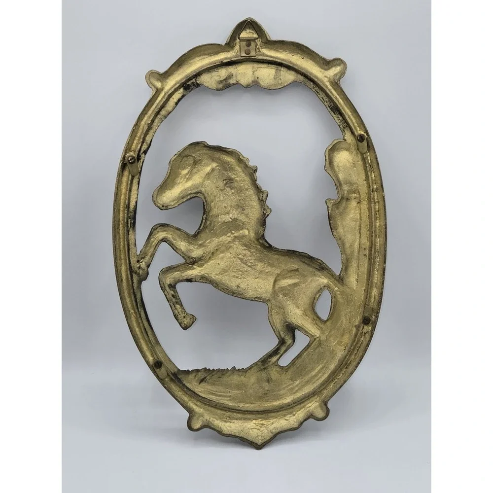 Vintage Solid Brass Rearing Horse Wall Plaque Hanging Equestrian Decor 1970s